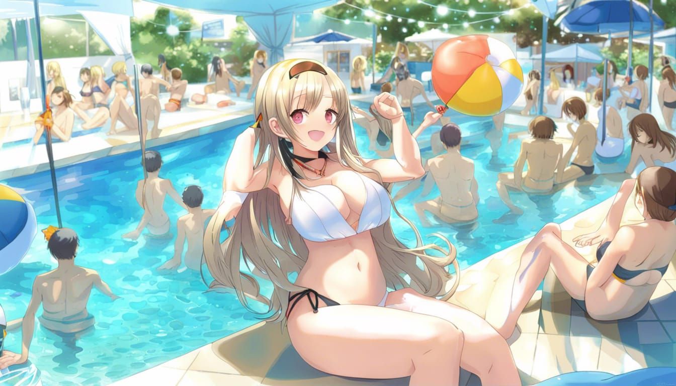 Anime Bikini Girl at Pool Party