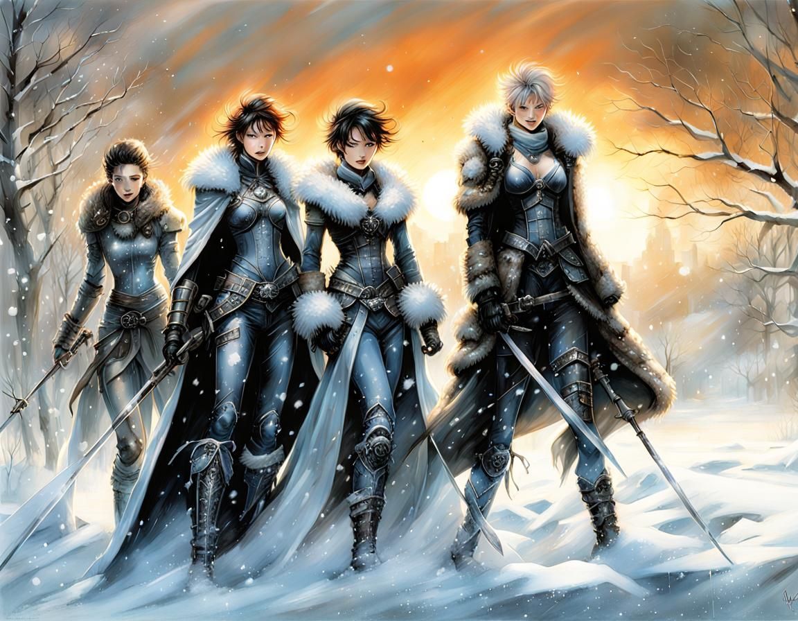 Happy Lesbian Family Clearing Snow at Dawn
