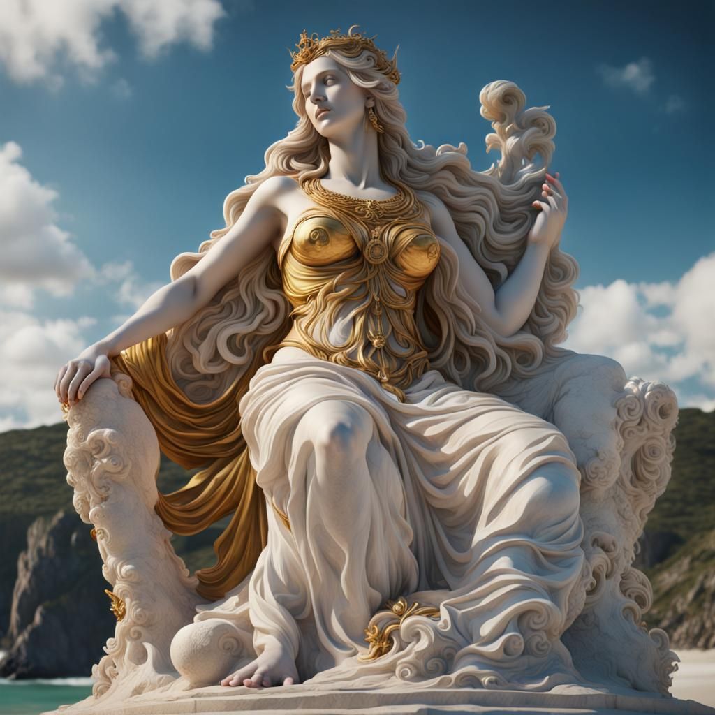 Monumental Marble Goddess Sculpture on a Beach