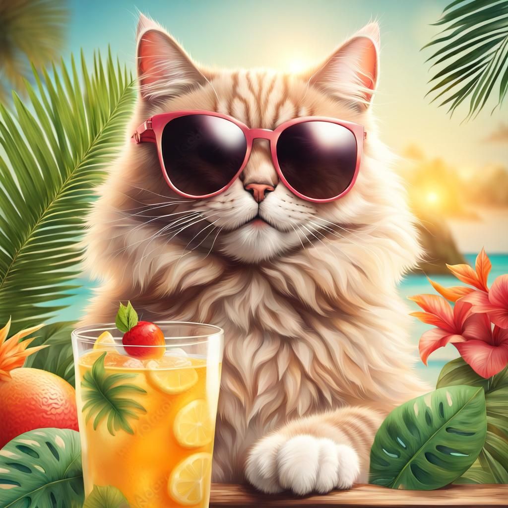Cool Cat with Sunglasses in Tropical Setting
