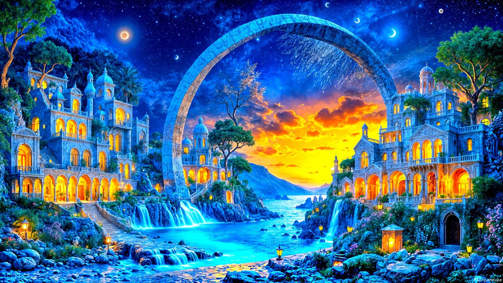 Mediterranean Fantasy Villa Village by Ornate Crescent Moon