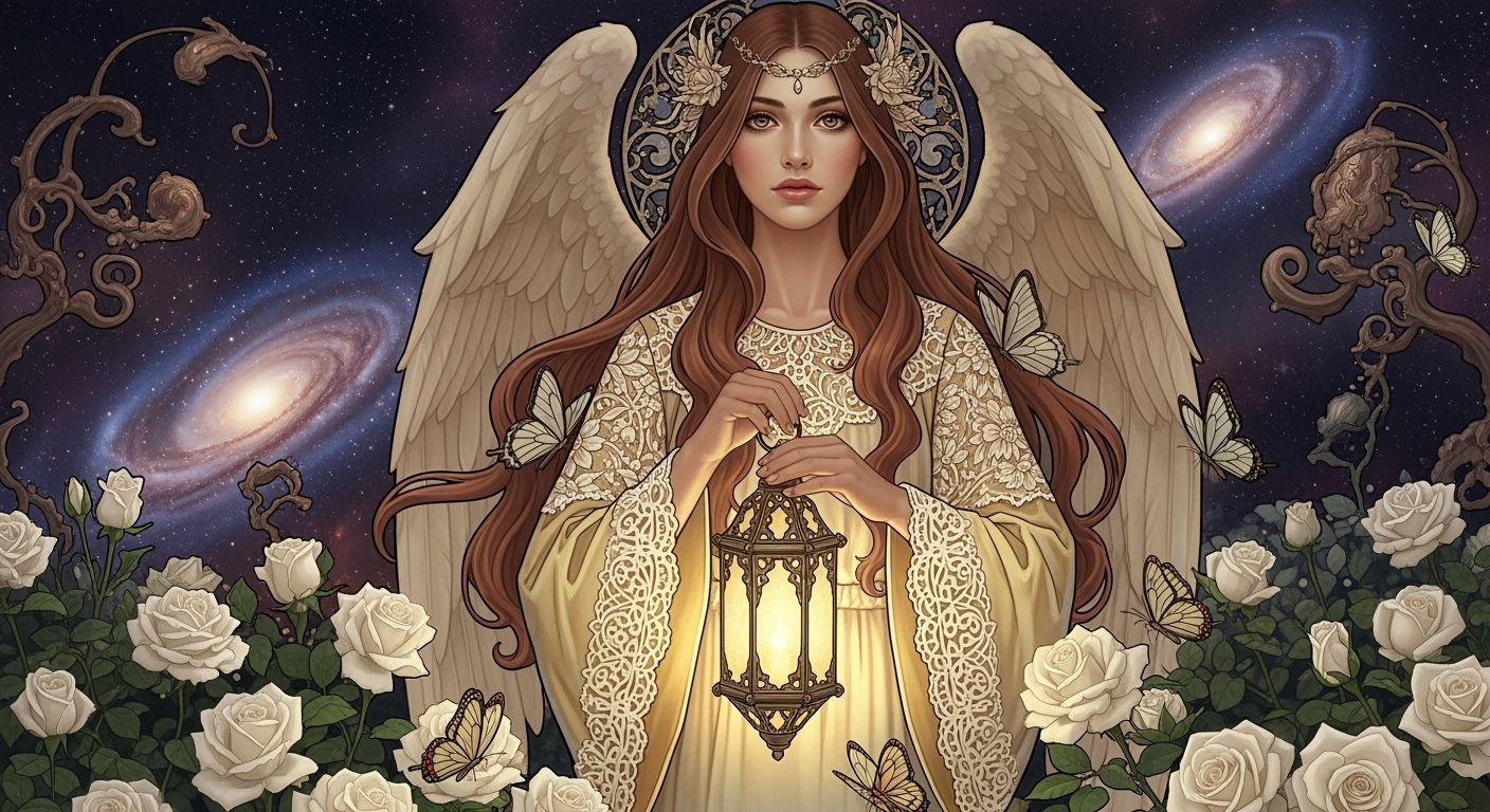 Angelic Auburn-Haired Angel in Starry Garden