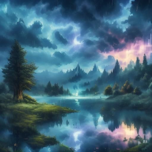 Rain Landscape with Lake, Lightning and Reflections