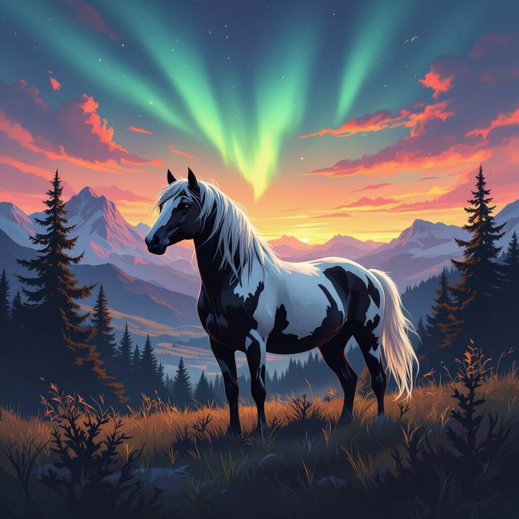 Andean Horse Under Aurora, in Futuristic Style