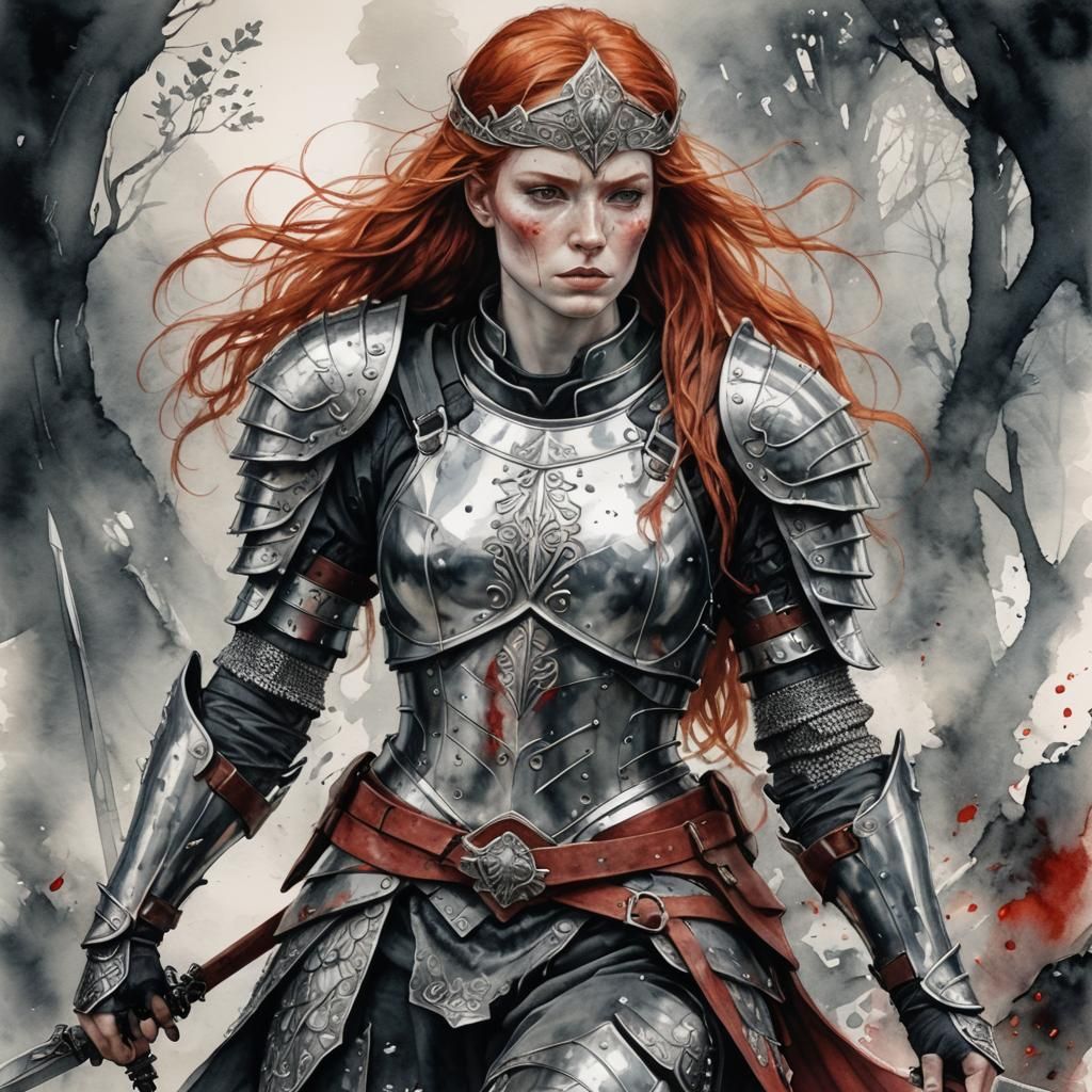 Red-Haired Warrior Woman in Fantasy Setting