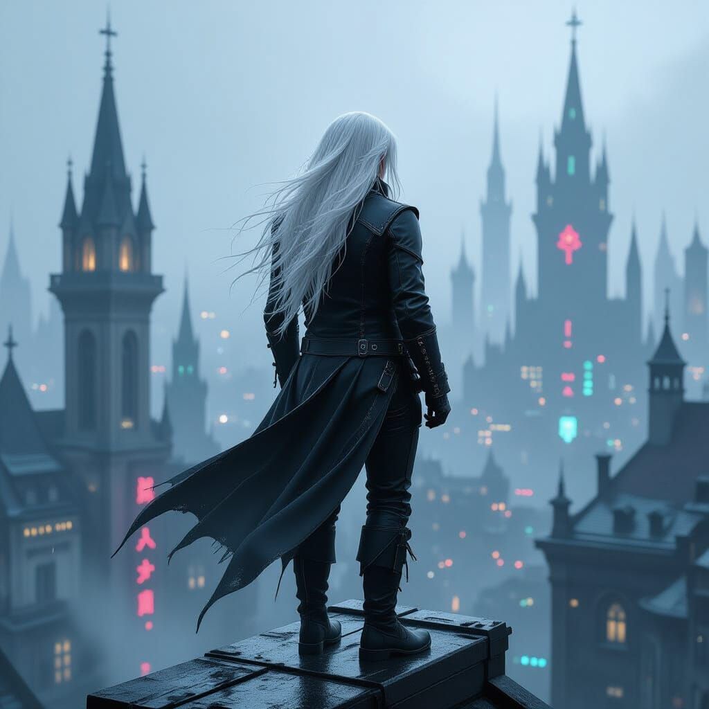 Cyberpunk Medieval Elf on Misty Rooftop