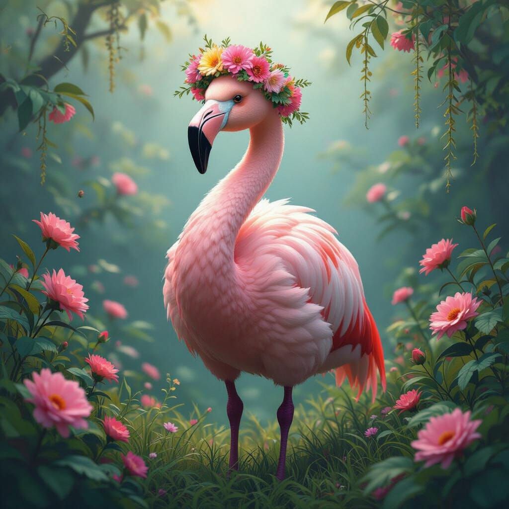 Fantasy Flamingo-Bear Hybrid in Floral Crown