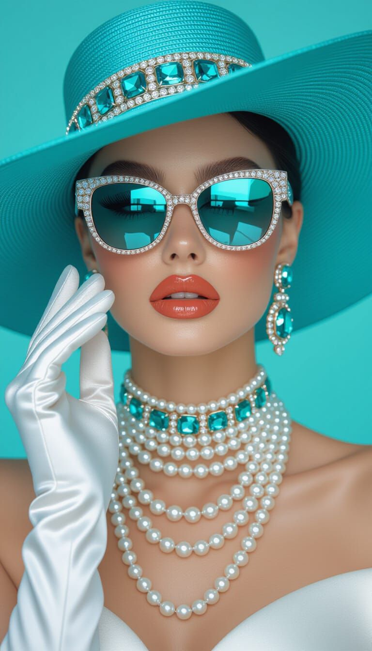 Glamorous Woman in Turquoise Hat, Luxury Fashion Style