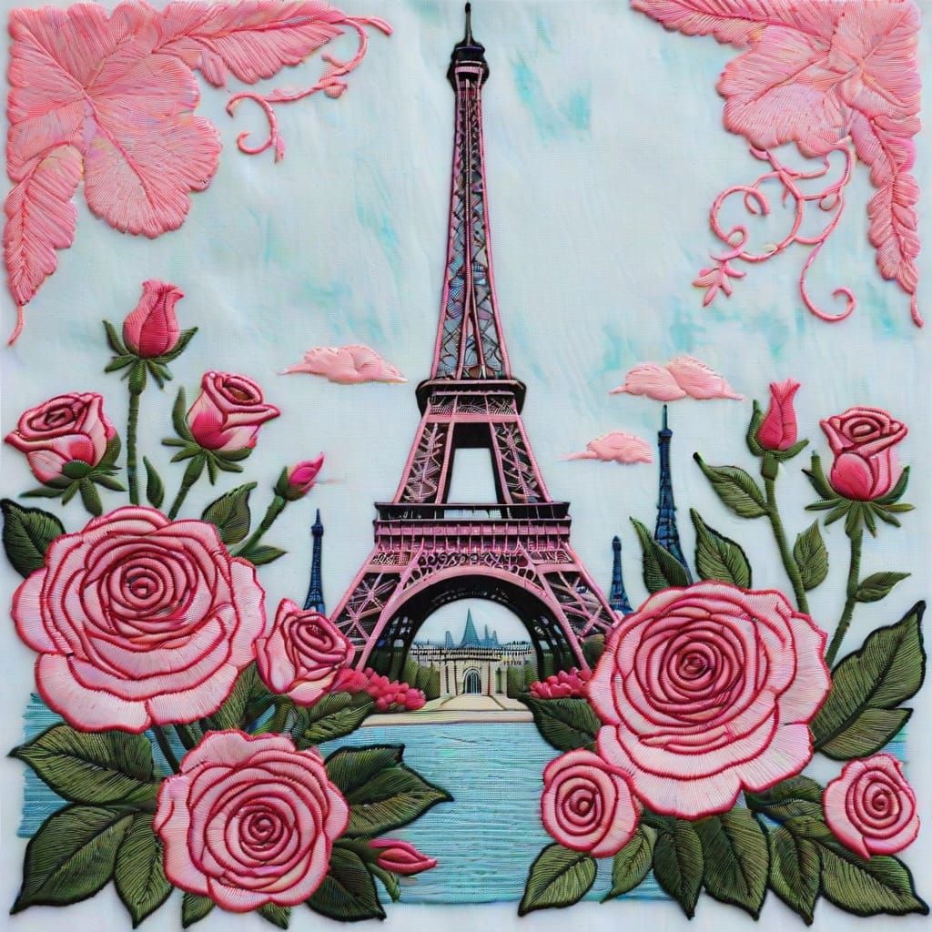 Delicate Pastel Pink Embroidered Eiffel Tower Scene