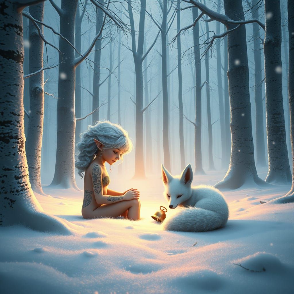 Elf Discovers Snow Fox in Serene Winter Wonderland
