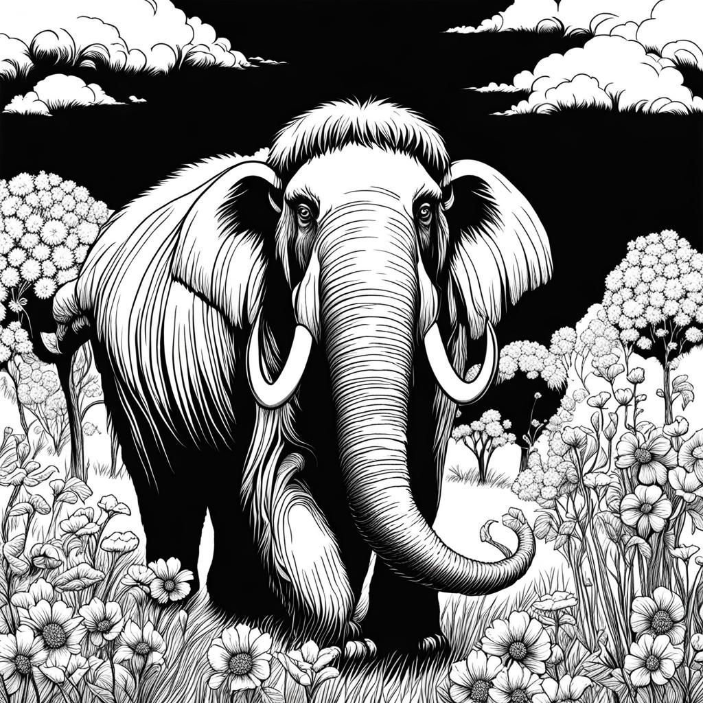 Woolly Mammoth in Floral Field, Manga Style