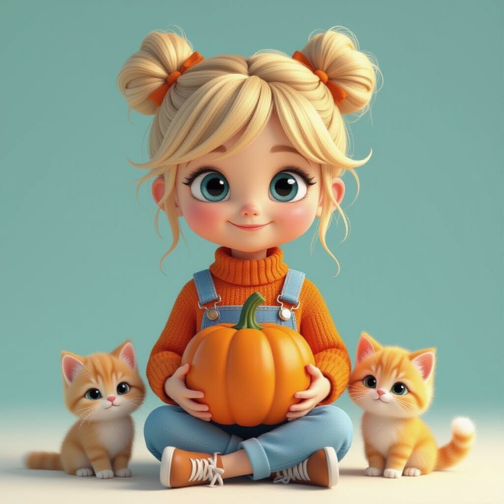 Girl with Kitten and Pumpkin in 3D Cartoon Style