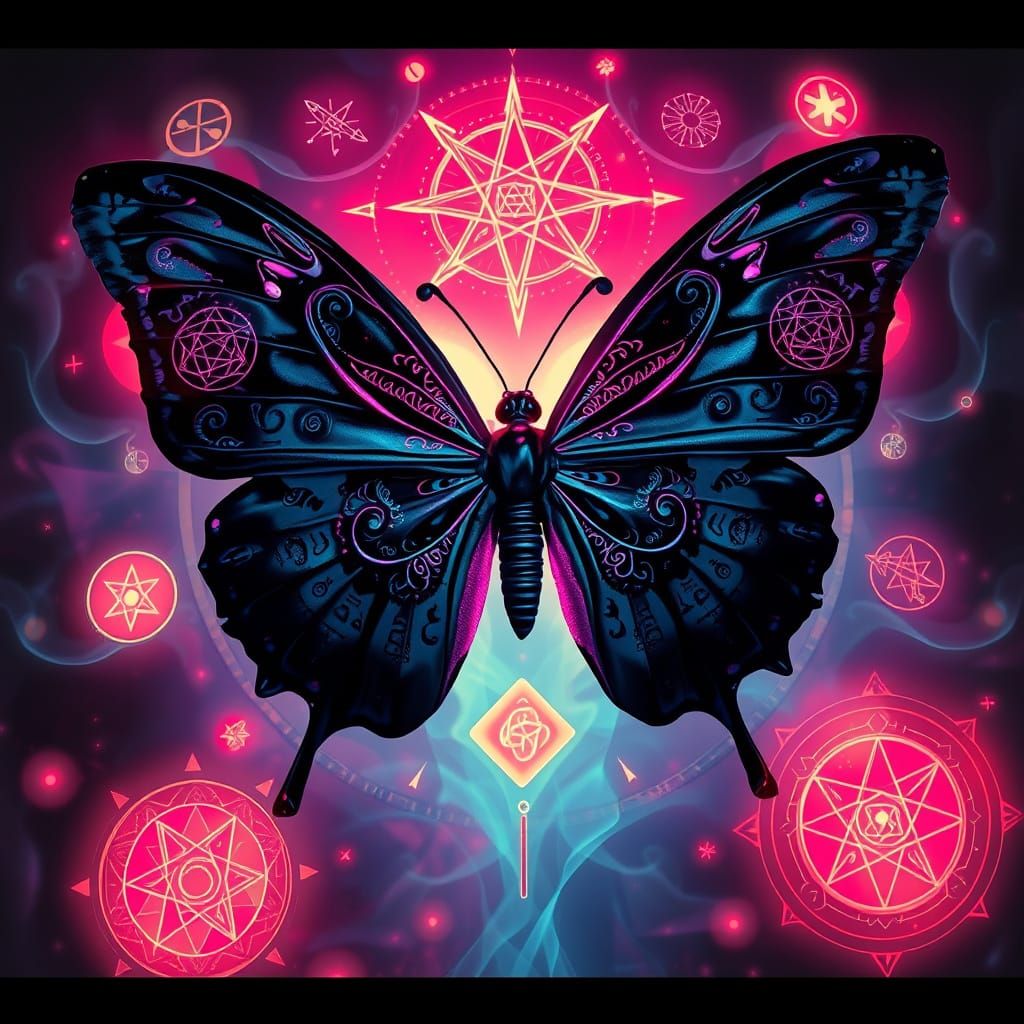 Glossy Black Butterfly with Esoteric Symbols in Psychotropic...