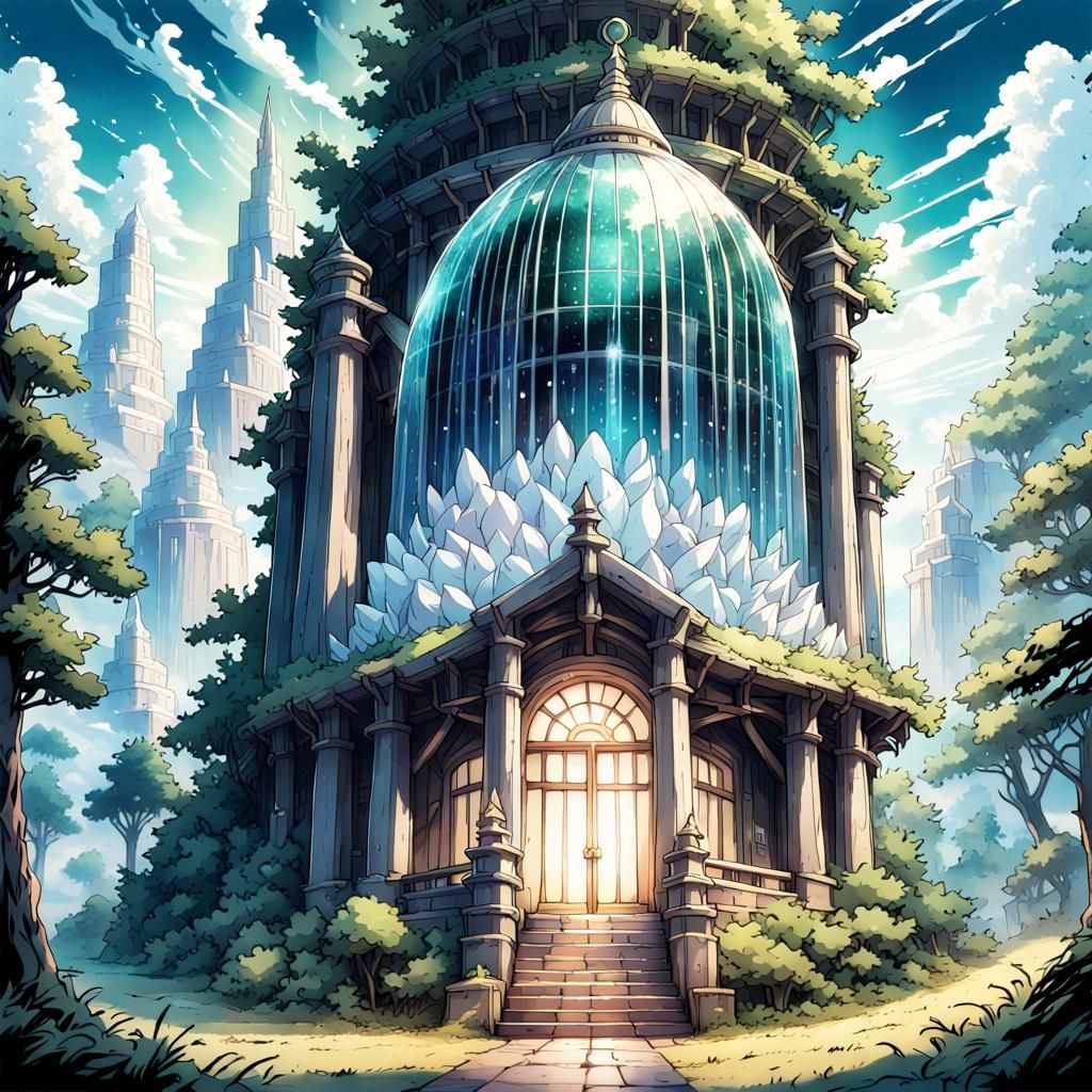 Fantasy Crystal Temple on Ghibli Hills in Anime Style