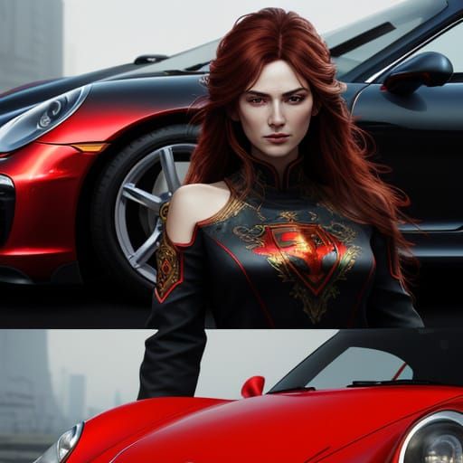 Older Woman Next to Red Porsche, Concept Art