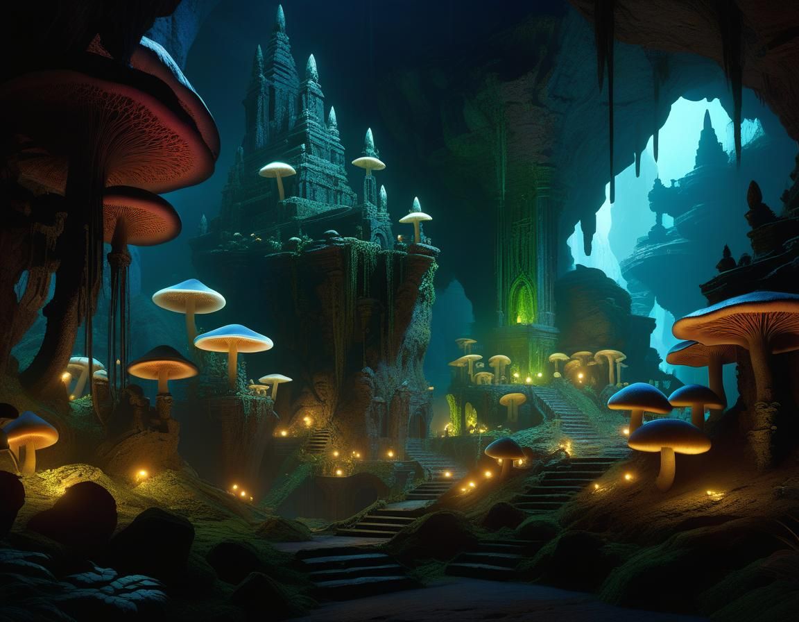 Ancient Drow Underground City in Dark Fantasy Style