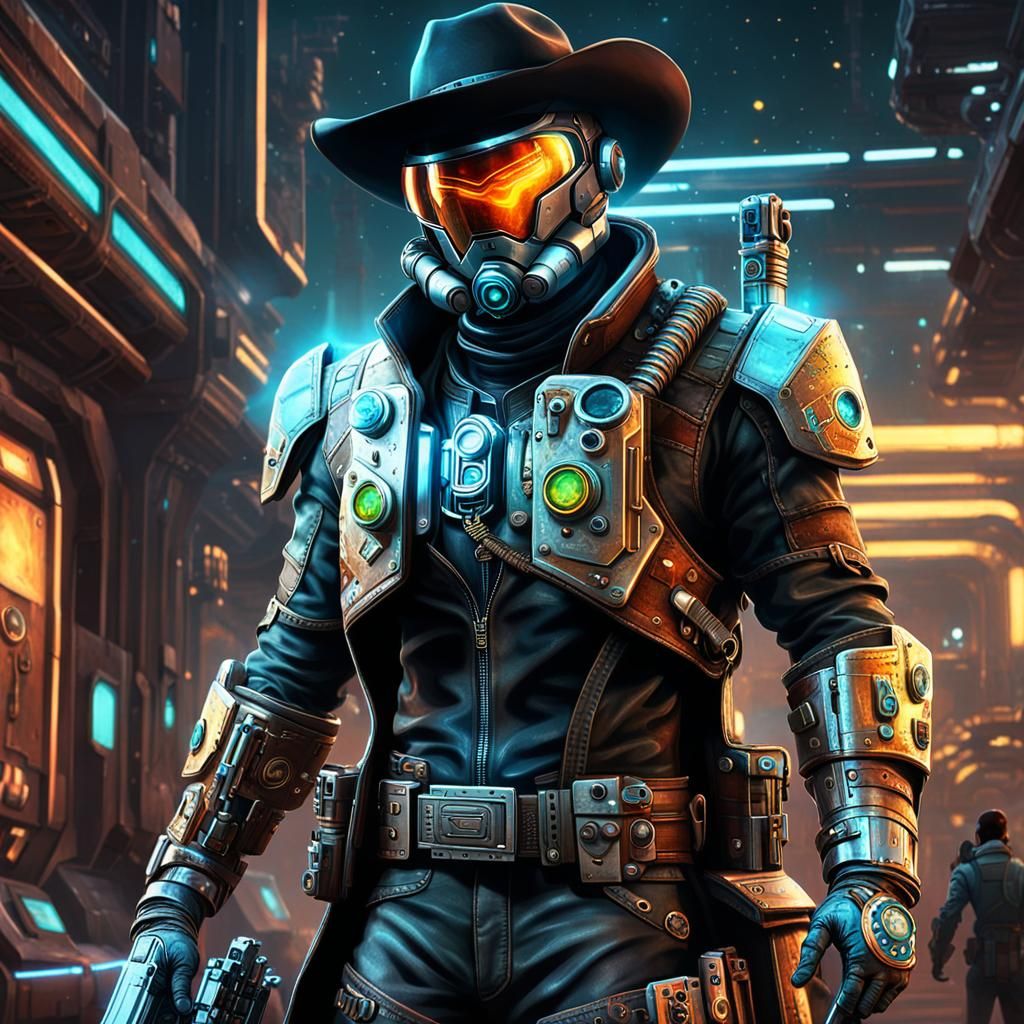 Futuristic Space Cowboy in Neo-Noir Cosmic Frontier