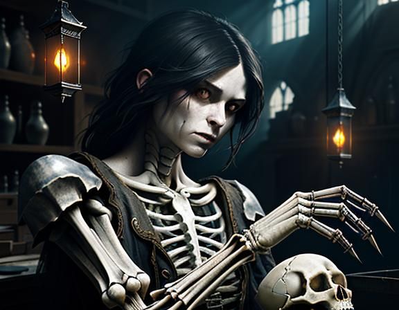 Furry Skeleton Bone Cleaning in Dark Fantasy Style
