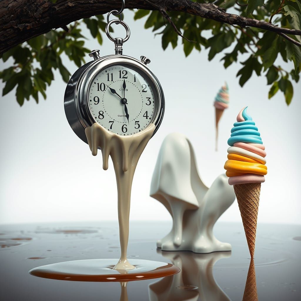 Surreal Melting Clock and Ice Cream Landscape