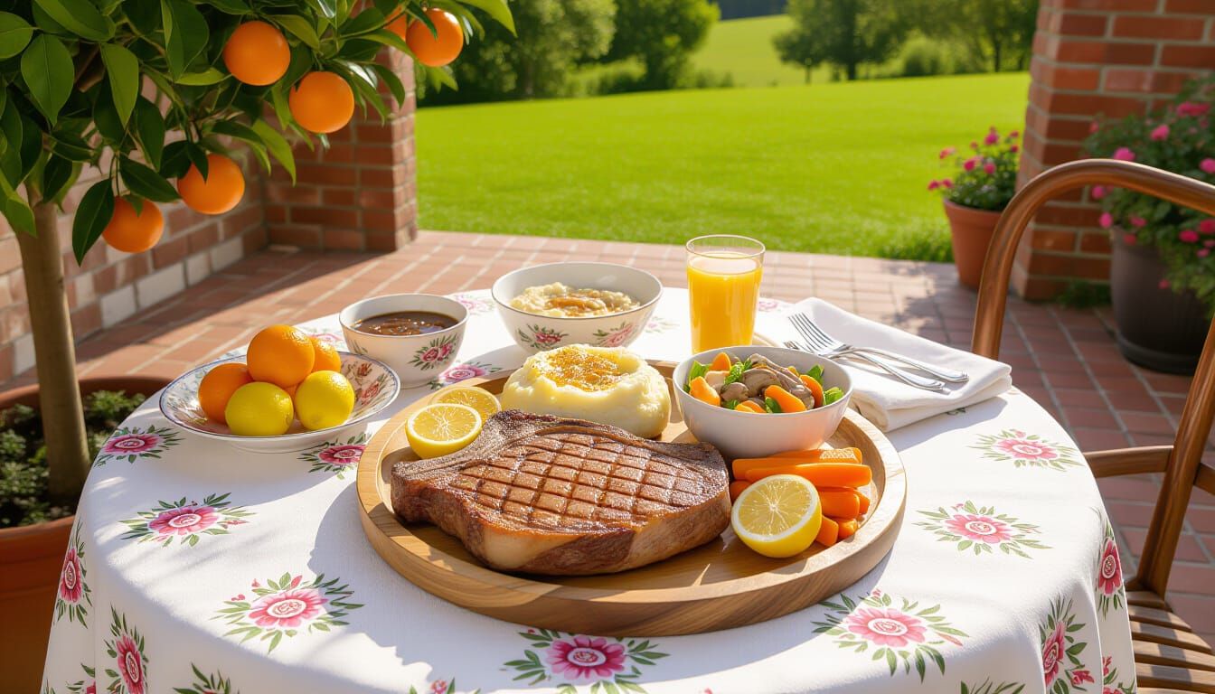 Charming T-Bone Steak Dinner on Victorian Table