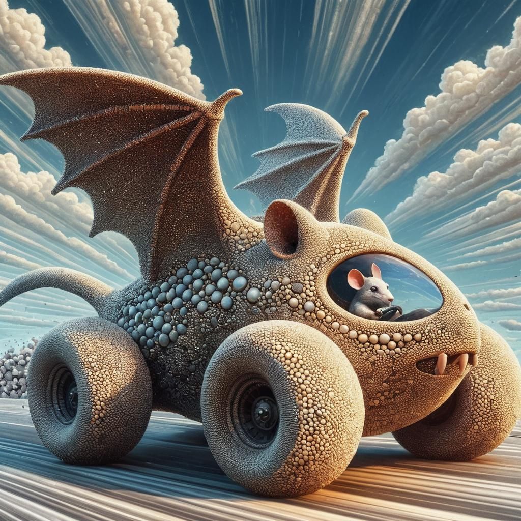Surreal Pointillist Bat-Plane Races Down Winding Road