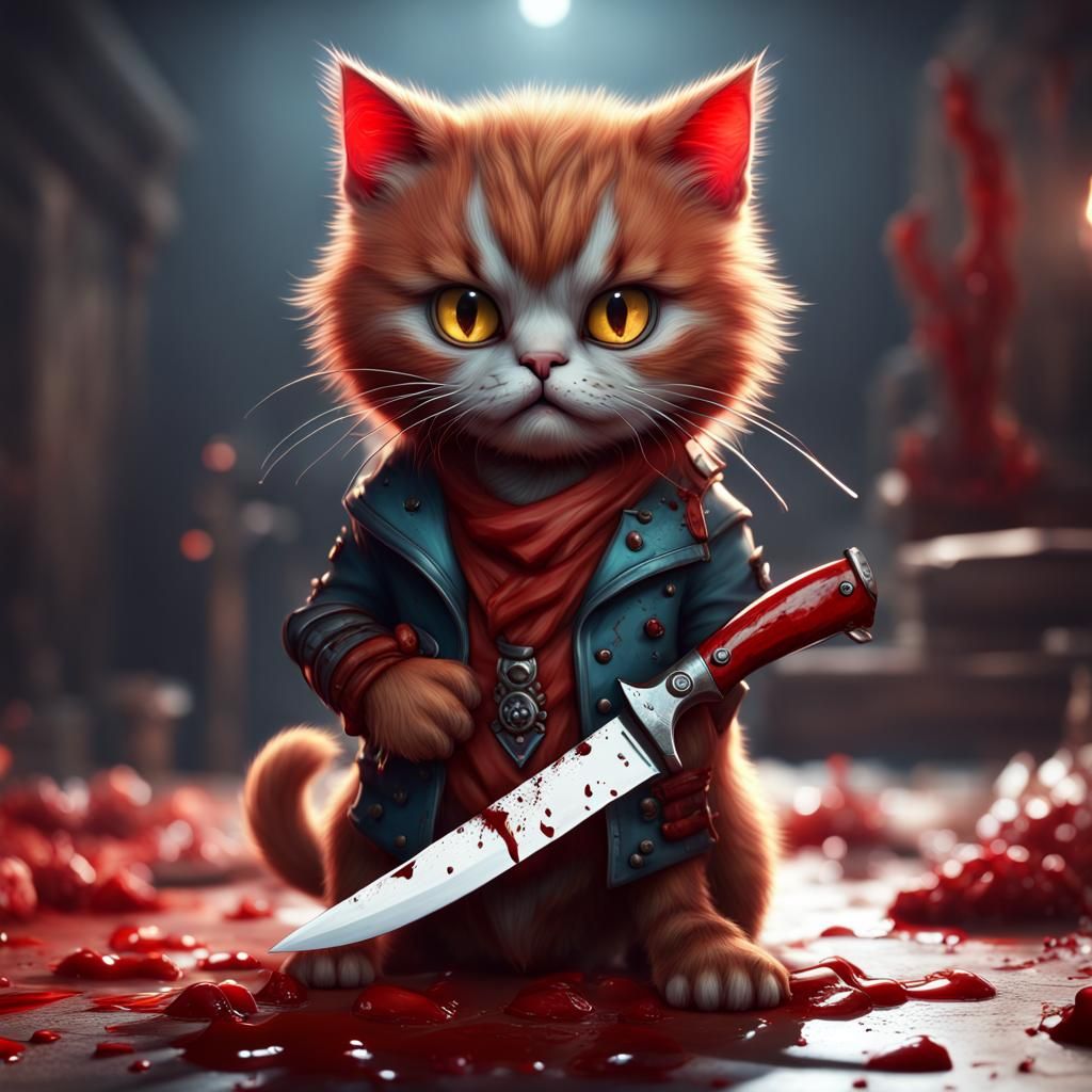 Cute Bloody Cat with Knife: Detailed Matte Painting