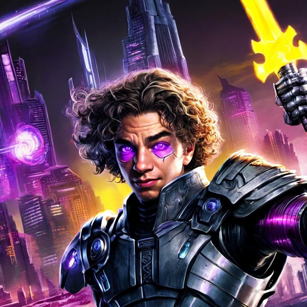 Cyborg Sword Master in Futuristic City, Detailed Concept Art