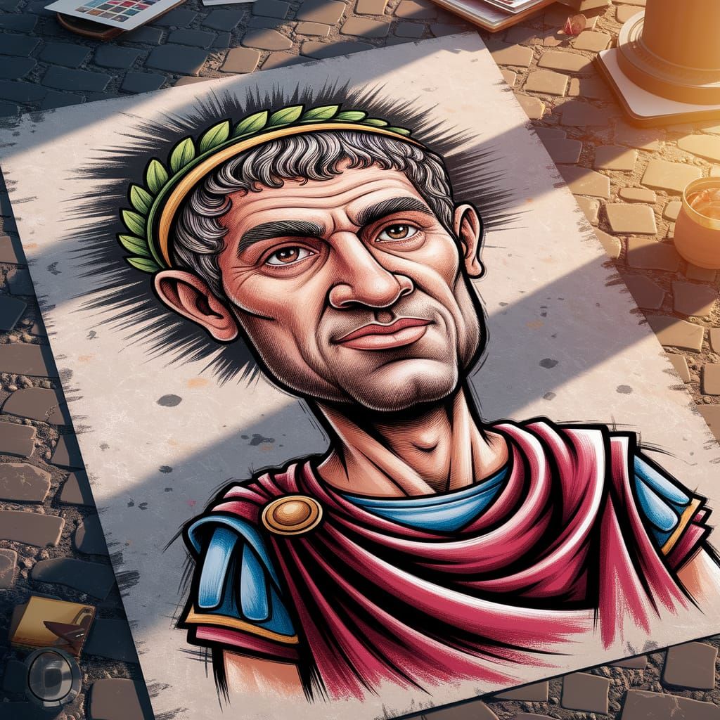Street Caricature of Julius Caesar with Exaggerated Features