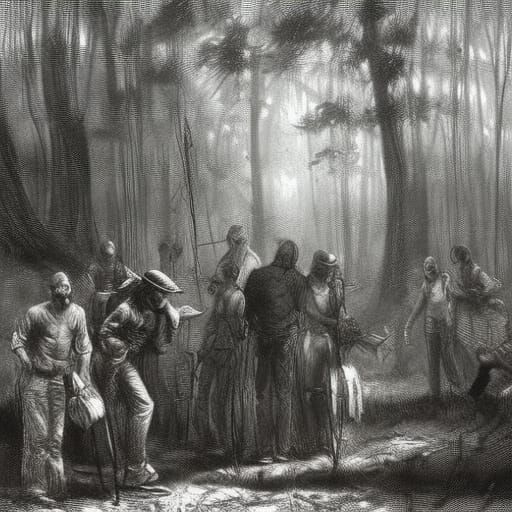 Eerie Moonshiners in Woods, Horror Art Style