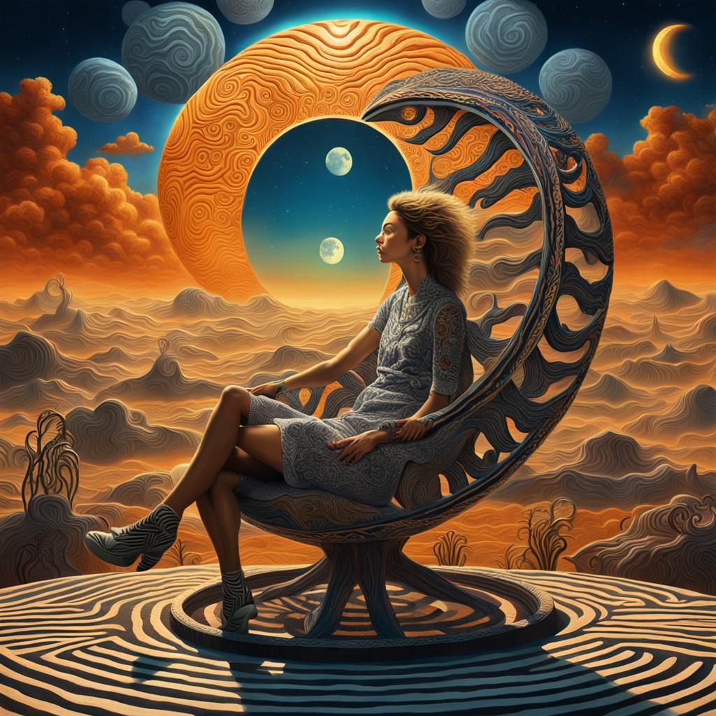 Surreal Woman on Zebra Planet in Sun and Moon Chair