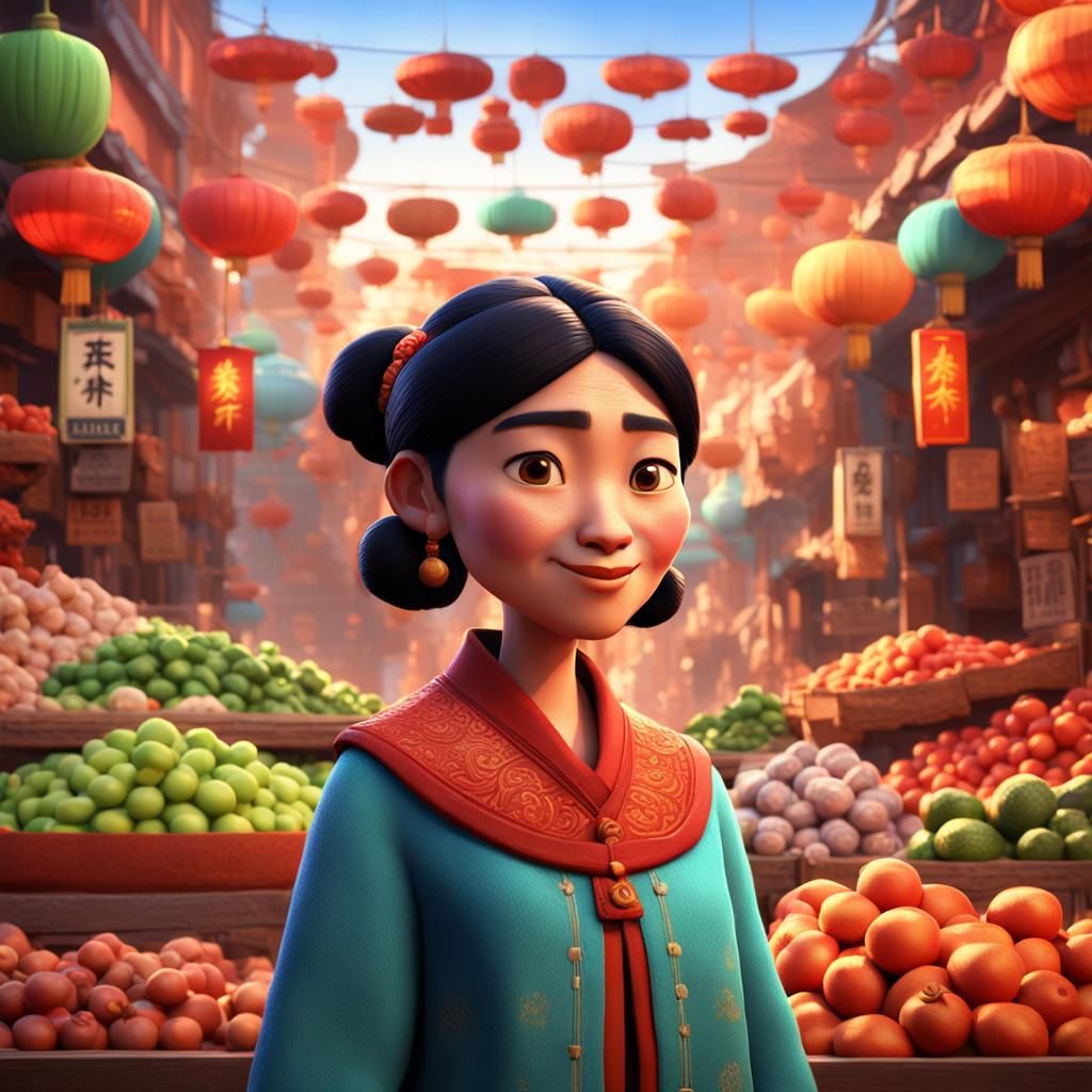 Chinese Woman in Market: Pixar Style 3D Art