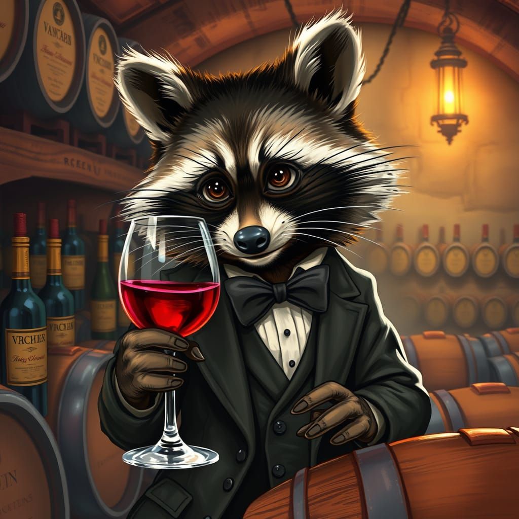 Whimsical Sommelier Raccoon in Vineyard Cellar