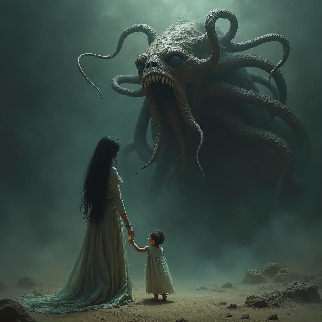 Eldritch Monster Devouring Child: Fantasy Horror Art