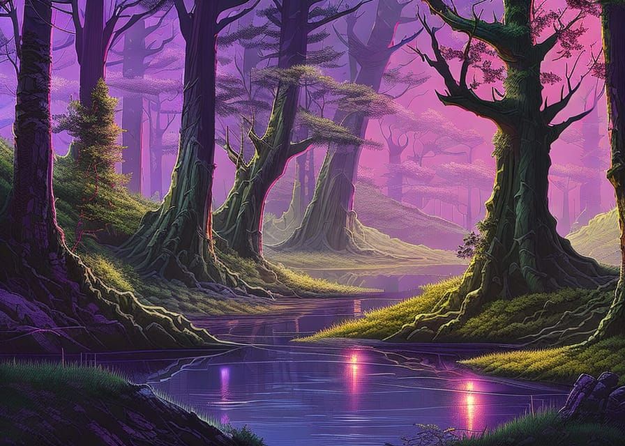 Hyper-Realistic Japanese Cyber Forest Landscape at Night