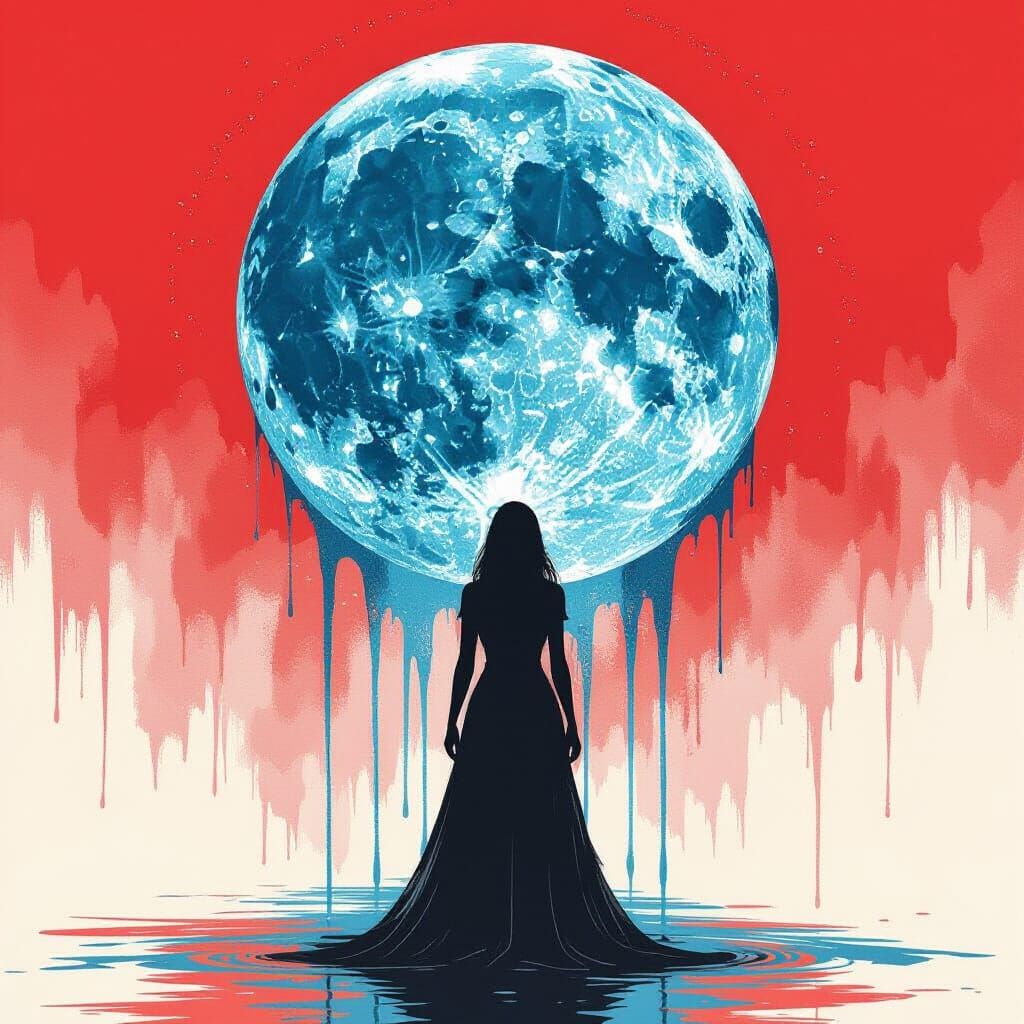 Woman Silhouette Before Blue Moon in Pollock Style