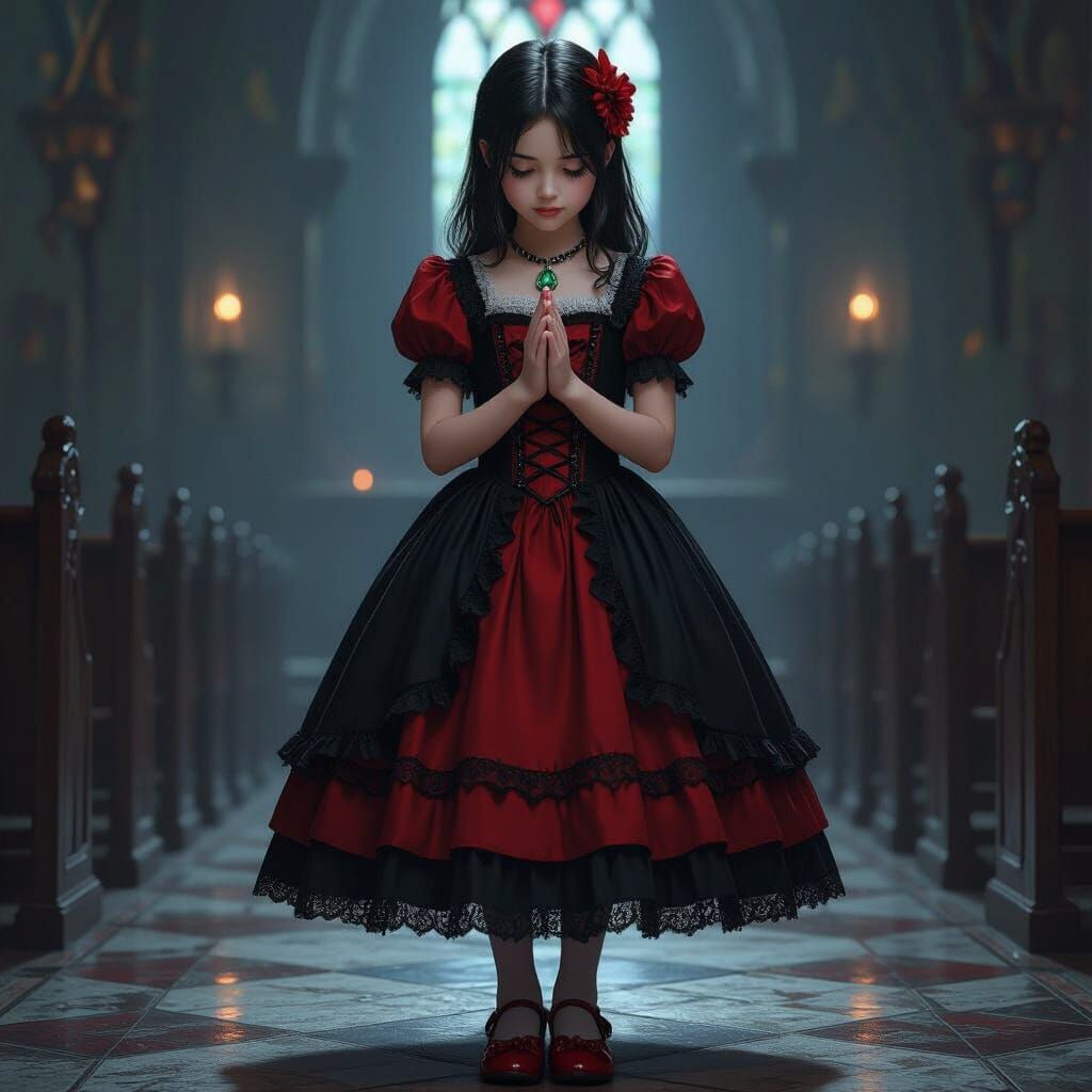 Gothic Girl Praying in Church, Cottagecore Style