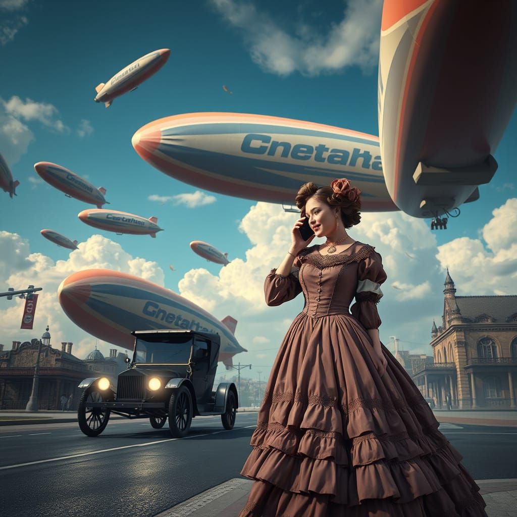 Blimps Soar Above Steampunk Cityscape