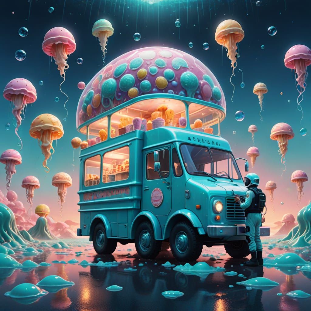 Surreal Underwater Ice Cream Stand in Dreamlike Digital Art