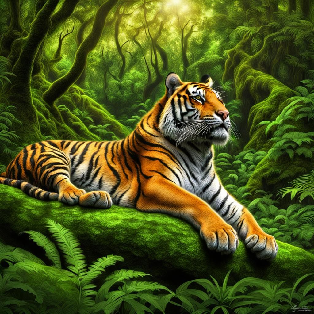 Hyperrealistic Tiger in Lush Rainforest Scene