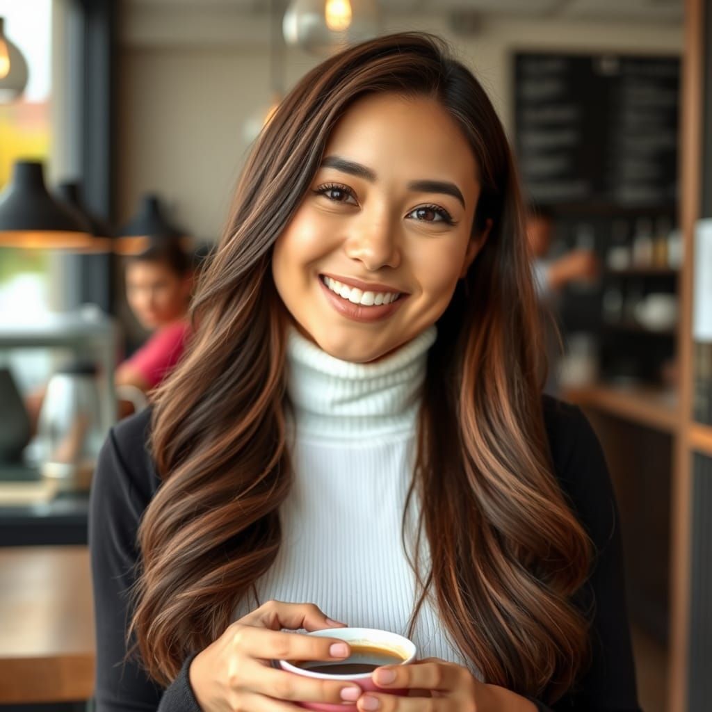 Smiling Millennial Woman Enjoying Coffee in Shop