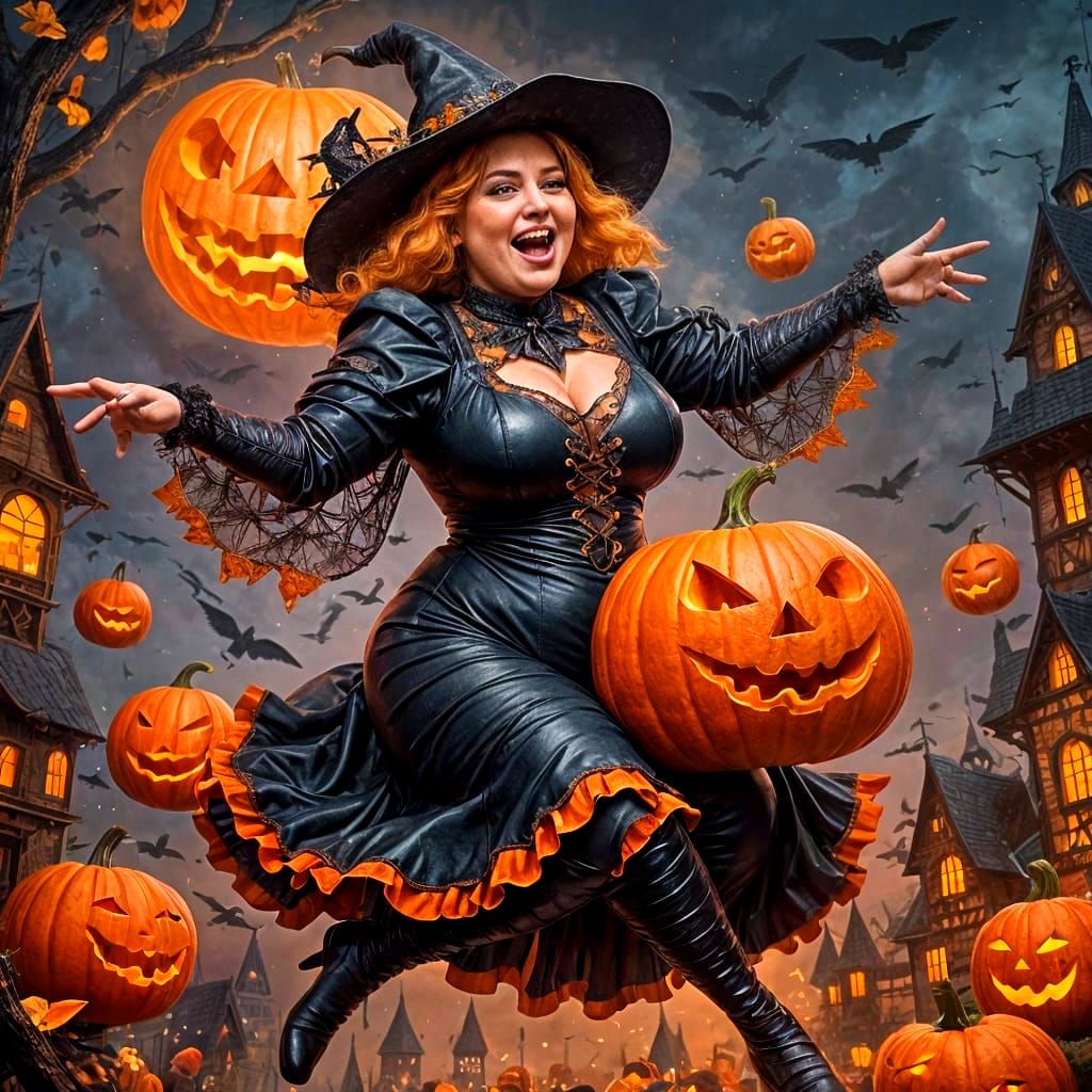 Chubby Witch Flies on Pumpkin in Fantasy Art