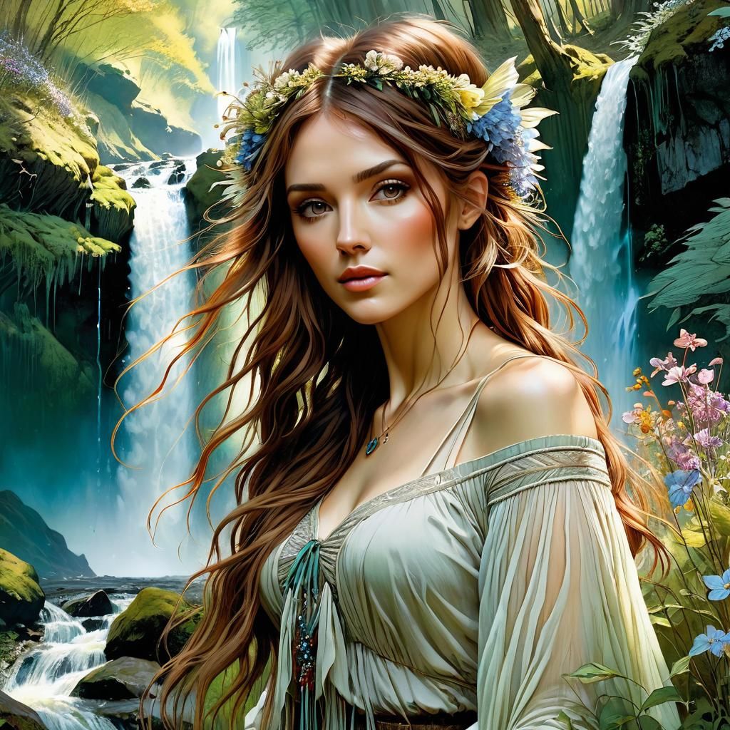 Fairytale Woman by Waterfall in Anime Style