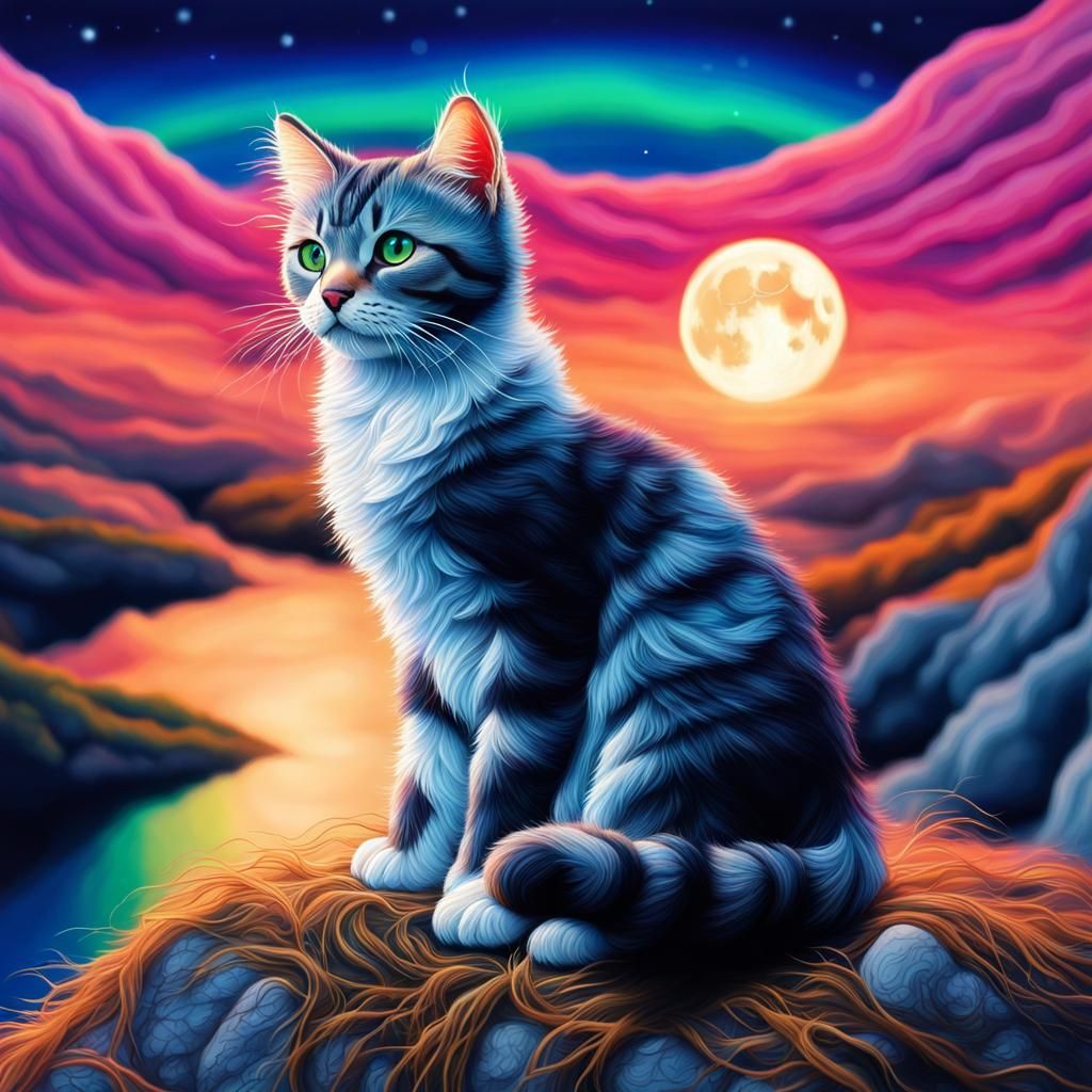Crochet Cat Under Northern Lights: Hyperrealistic Yarn Art