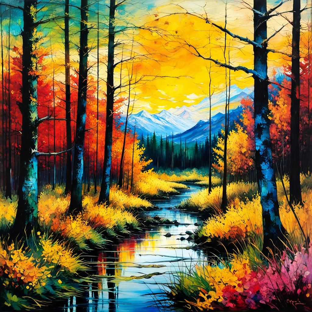 Epic Forest: Encaustic Sunset in Rough Impasto Style