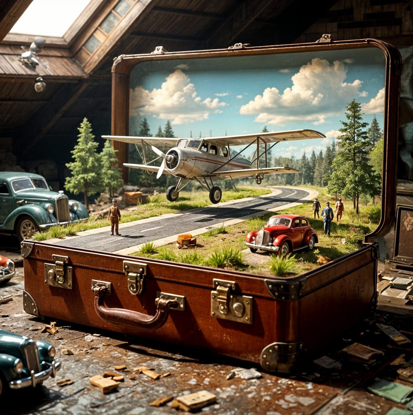 Miniature 1930s Aerodrome in a Suitcase, Hyperrealistic Matt...