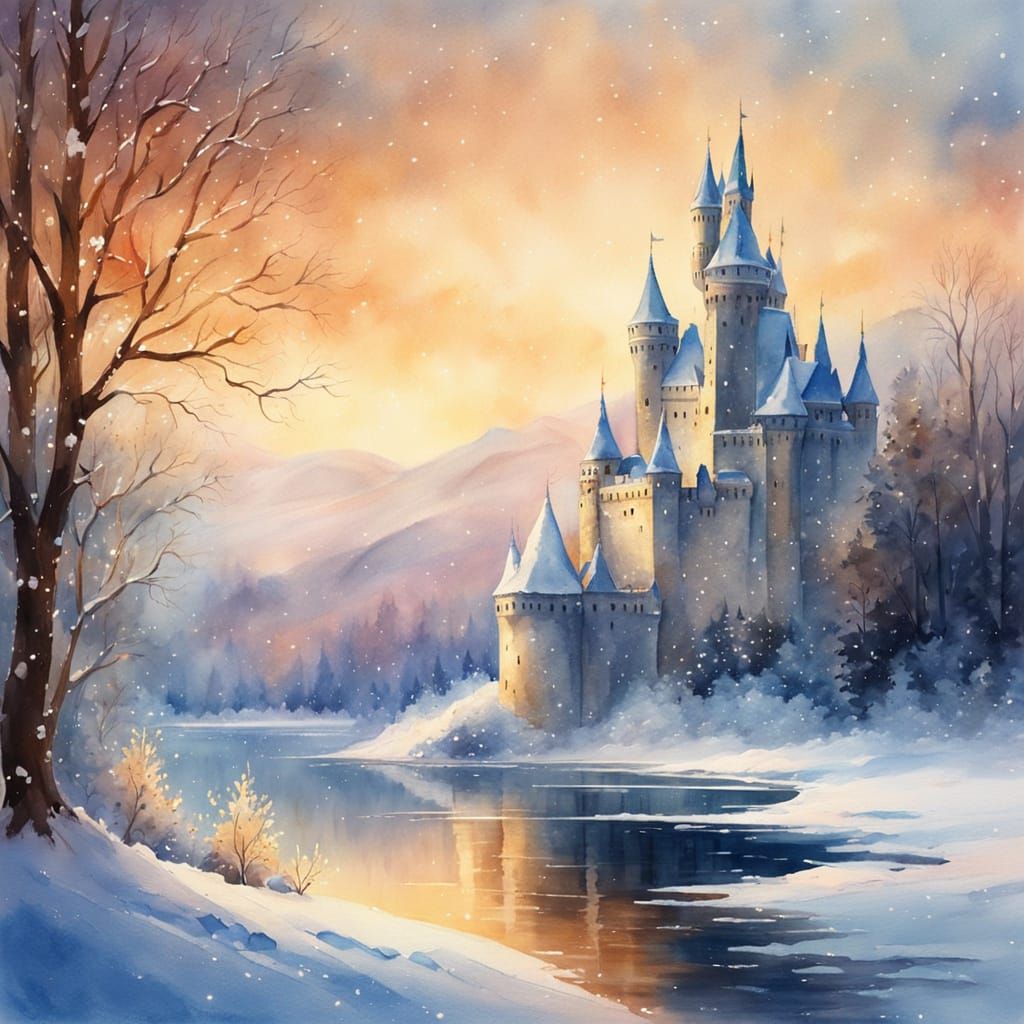 Winter Castle in Snow: Dreamy Watercolour Painting