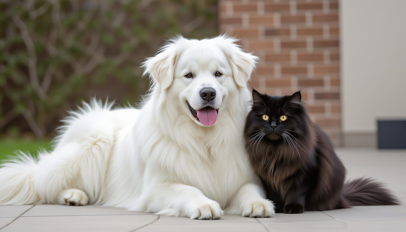 Great Pyrenees Dog & Fluffy Persian Cat by Kinkade
