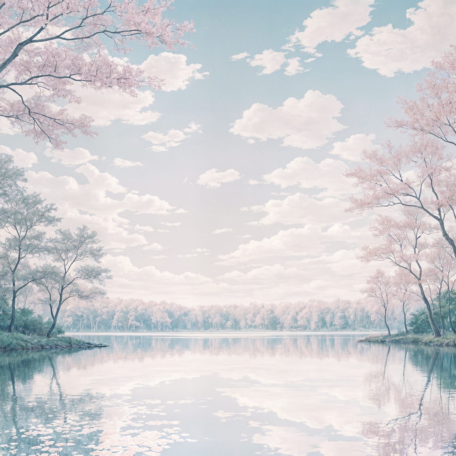 Serene Lake Reflections with Pastel Clouds