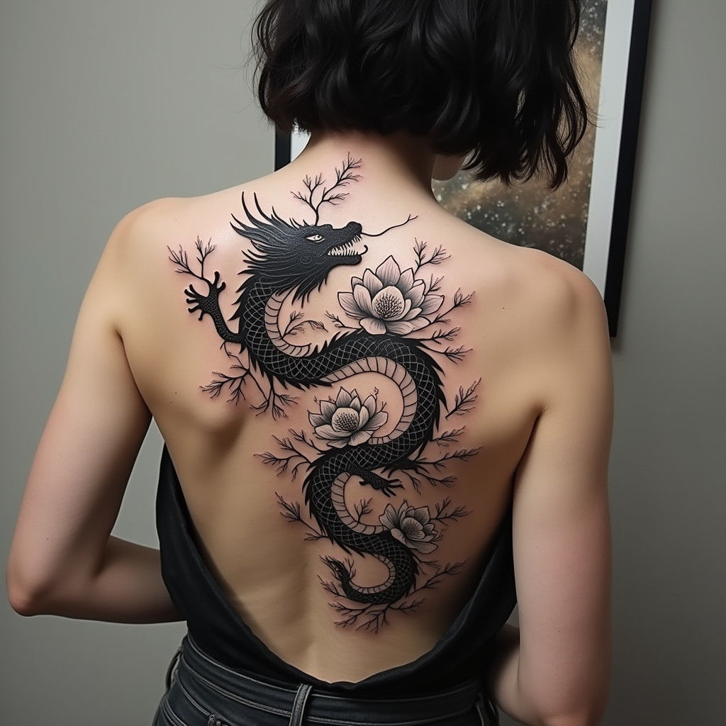 Japanese Dragon Tattoo in Black Ink Style