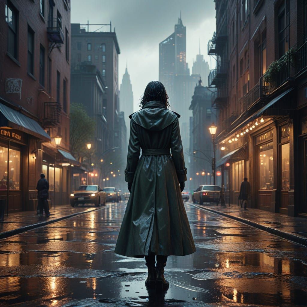 Lone Figure in Spring Cityscape, Film Noir Atmosphere